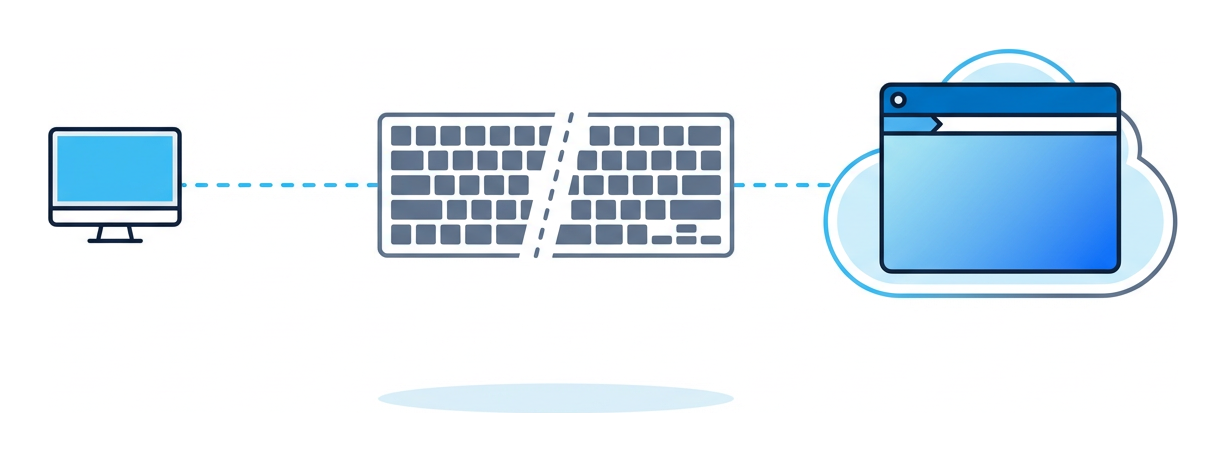A local monitor connected by a dashed line to a remote browser window in a cloud shape, with a keyboard silhouette between them that's visually broken by a dashed gap