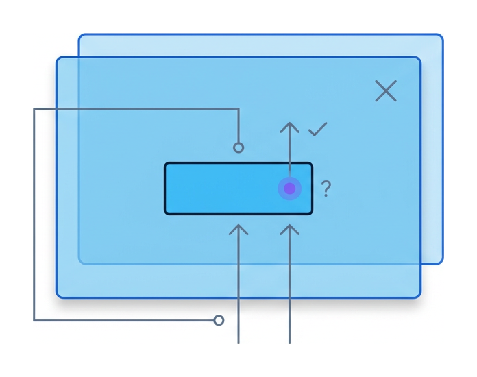 A button labeled 'Click here' with a semi-transparent overlay of a second button labeled 'Win prize' covering it, both schematic