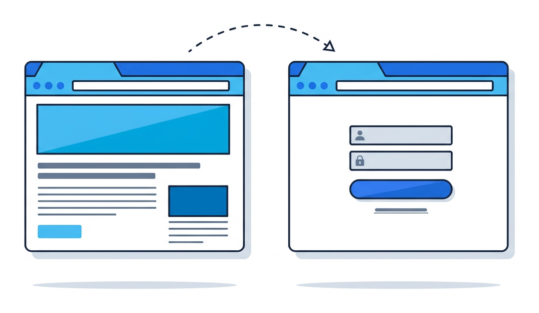 Two browser tabs side by side, the left showing an incomplete page, the right a login page, with a dashed arrow pointing from left to right
