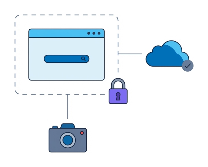 A flat browser window inside a dashed isolation container connected to a cloud, a padlock on the side, and a camera icon capturing the session
