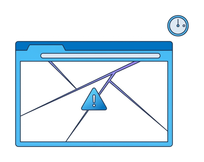 A flat browser window with three diagonal crack lines and a warning triangle in its content area, and a small clock icon above