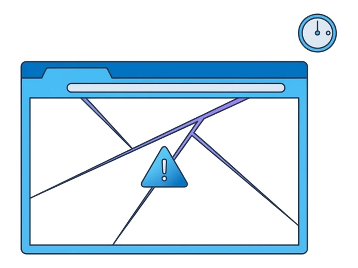 A flat browser window with three diagonal crack lines and a warning triangle in its content area, and a small clock icon above