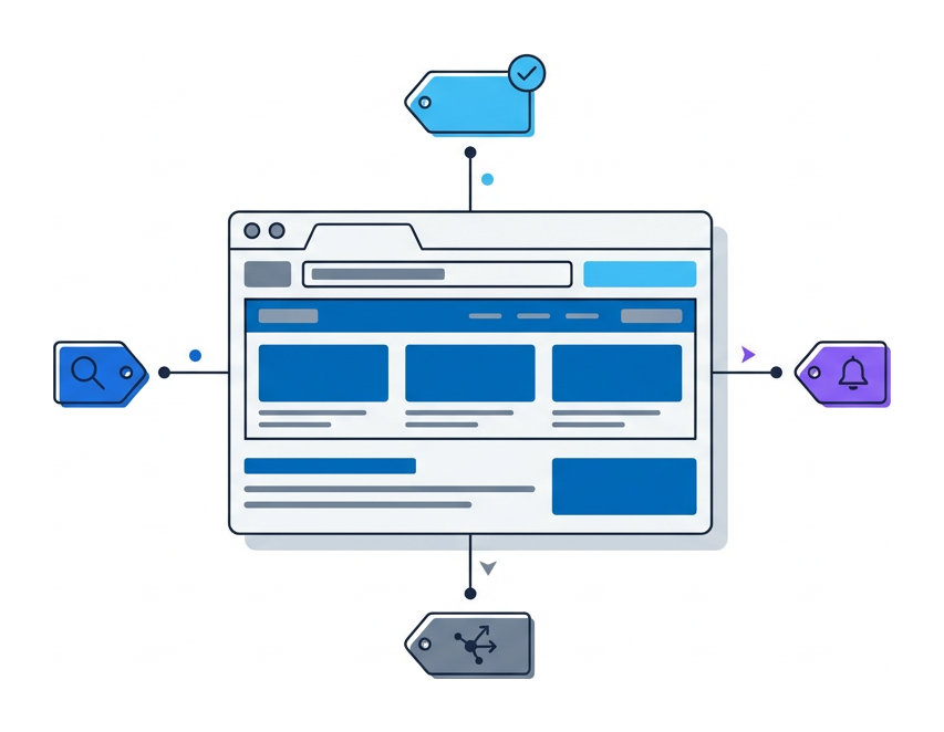 A browser window surrounded by four small tag-shaped labels on thin connecting lines