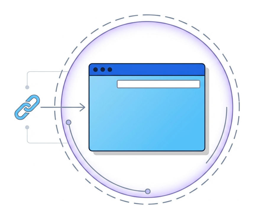 A link icon with an arrow pointing into a larger sealed browser window inside a dashed bubble