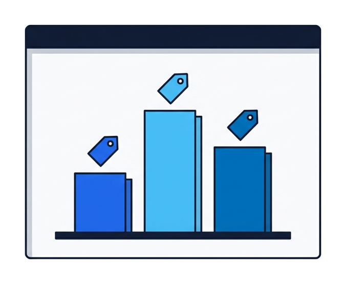 A flat bar chart with three vertical bars of different heights, each topped with a small price-tag icon, framed by a minimal browser outline