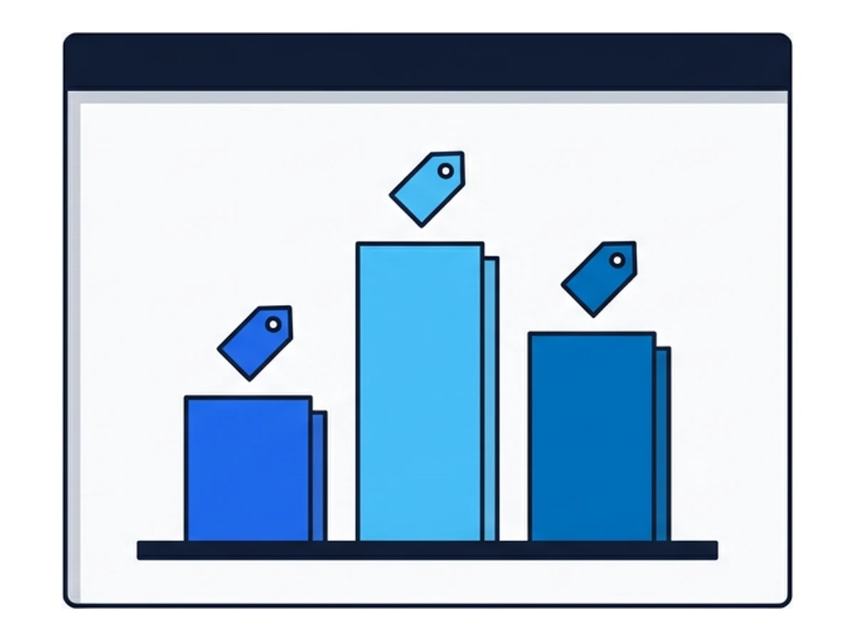 A flat bar chart with three vertical bars of different heights, each topped with a small price-tag icon, framed by a minimal browser outline