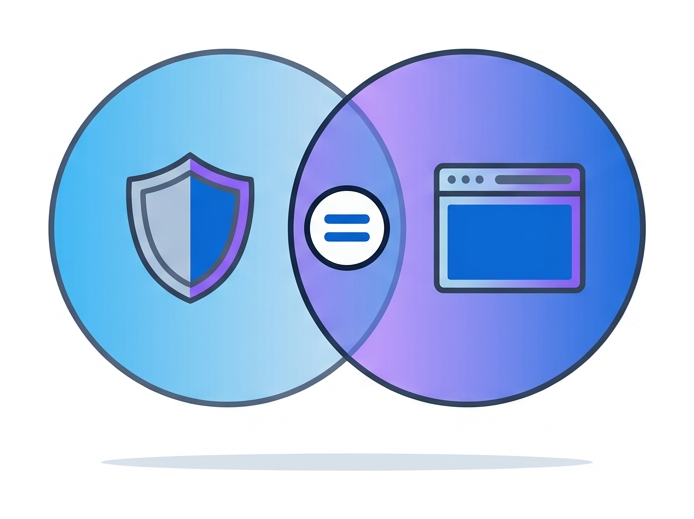 Two overlapping circles with a shield on the left and a browser window on the right
