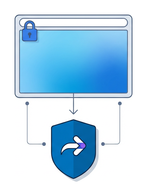 A flat browser window with a padlock on top, a vertical arrow down to a flat shield containing a tunnel arrow, representing a browser plus VPN stack