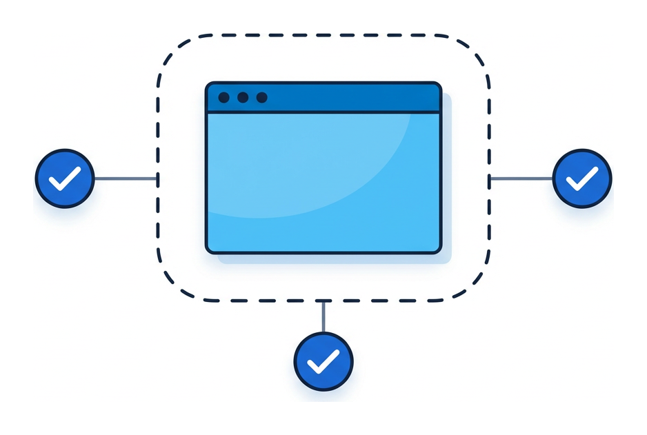 A browser window enclosed in a dashed rounded container with three small checkmark circles arranged around it