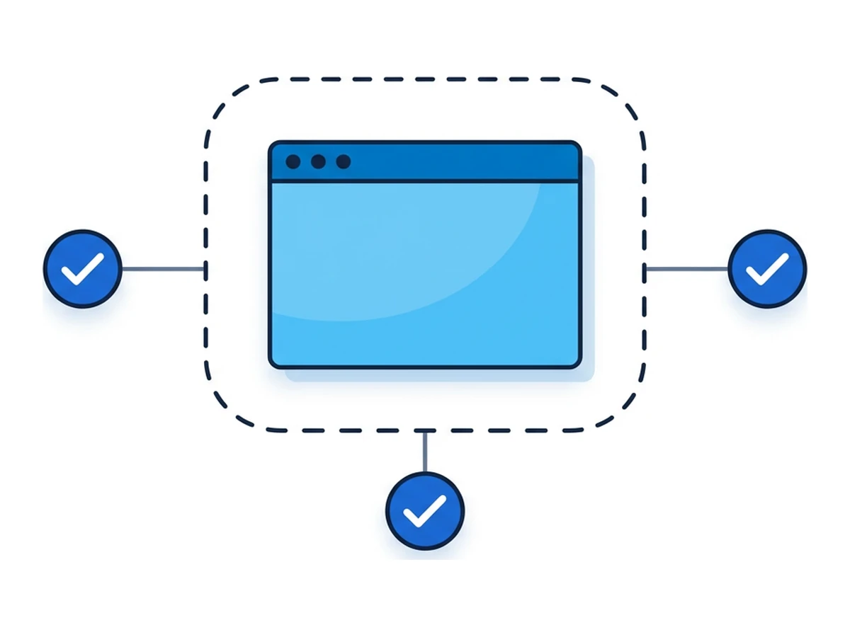 A browser window enclosed in a dashed rounded container with three small checkmark circles arranged around it