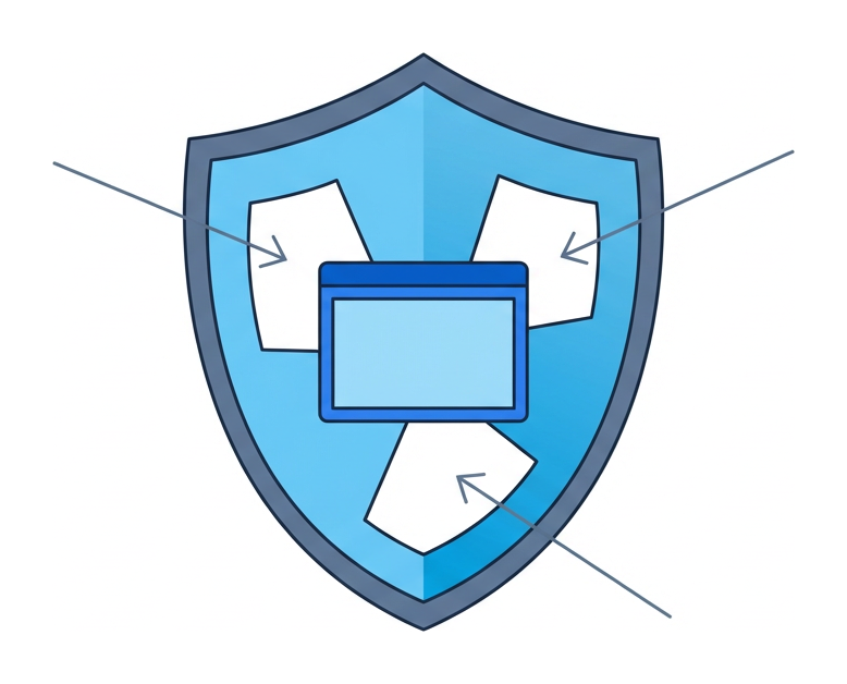A flat shield with three gap cutouts in its surface, a small browser icon peeking through one of the gaps, thin arrows pointing at each gap