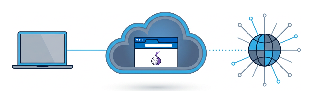 A small laptop on the left connected by a thin line to a cloud-shaped container in the middle holding a browser window with an onion symbol, and a globe with radiating lines on the right