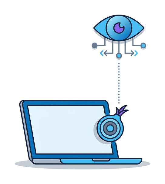 A laptop outline on the left with a small onion symbol escaping it upward, an open eye above connected to the laptop by a dotted line