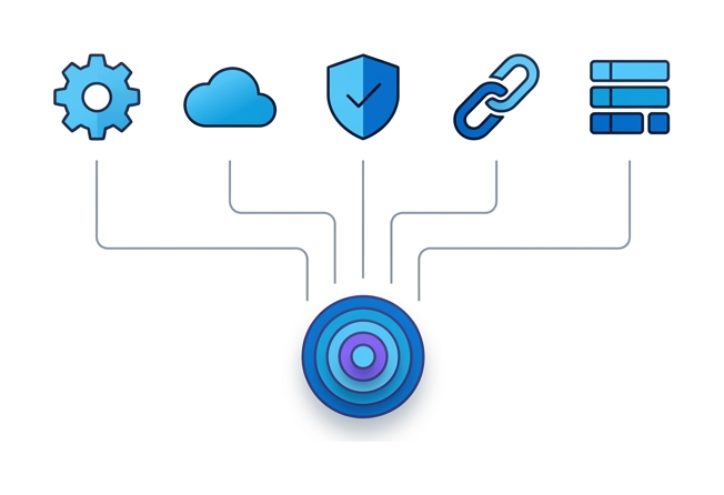A horizontal row of five small icons, all connected by thin lines to a small onion-layered circle below them