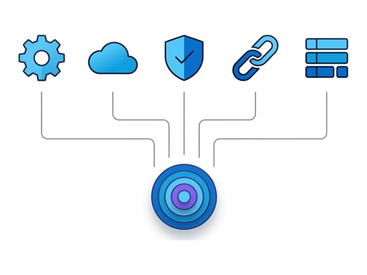 A horizontal row of five small icons, all connected by thin lines to a small onion-layered circle below them