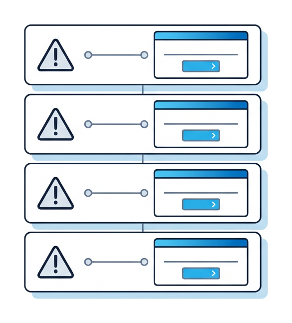 A list of four horizontal rows, each with a small warning glyph on the left edge and a schematic signature prompt