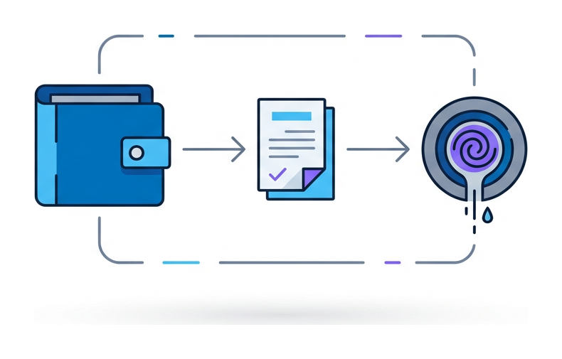 A wallet icon with a pipeline leading to a contract symbol, then to a drainer icon outside a dashed frame
