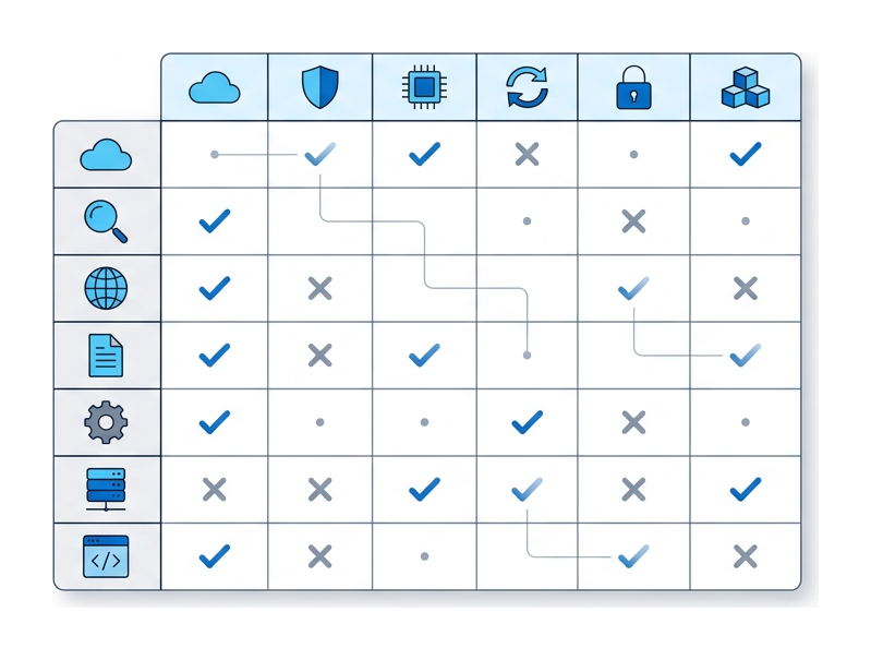 A grid of six rows and several columns of small flat icons and short marks, suggesting a comparison matrix at a glance
