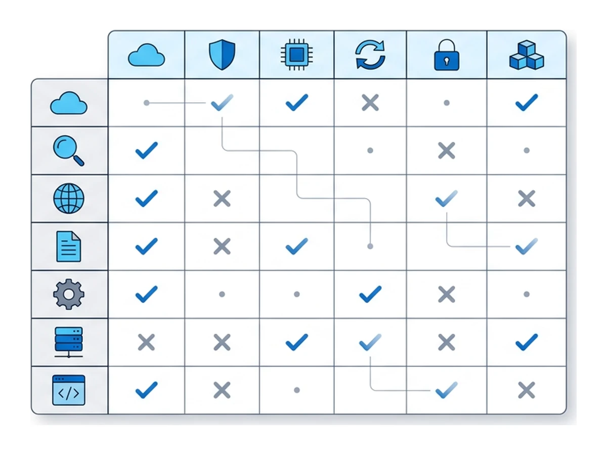 A grid of six rows and several columns of small flat icons and short marks, suggesting a comparison matrix at a glance