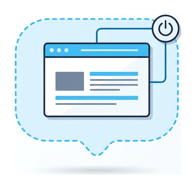 A flat outlined browser window enclosed inside a larger rounded dashed bubble with a small power symbol at its top right corner