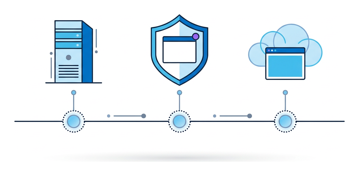 A horizontal timeline with three milestone markers, each connected to a small flat icon, a server tower, a shield with a browser inside, and a browser inside a cloud