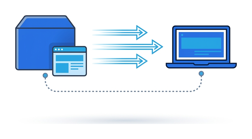 A remote server containing a browser, with parallel lines streaming pixels rightward to a laptop and a dotted line carrying input events back