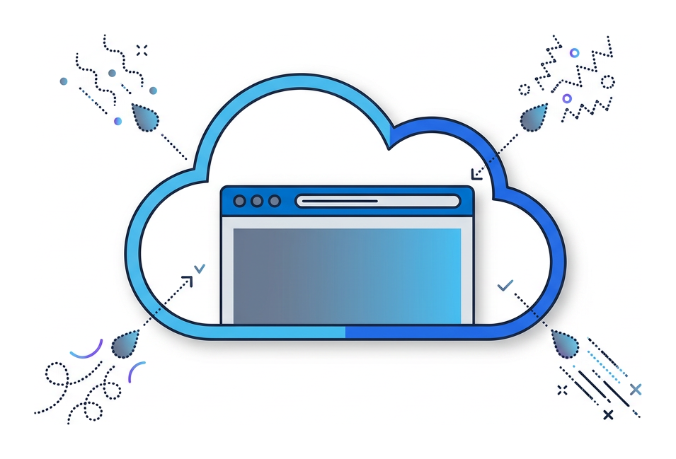 A flat outlined browser inside a cloud, with four small dotted leak drops escaping from the cloud's edges in different directions