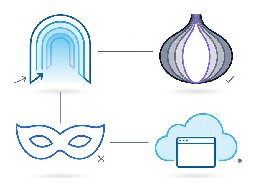 Four flat outlined icons in a 2 by 2 grid representing a tunnel, an onion, a domino mask, and a browser inside a cloud