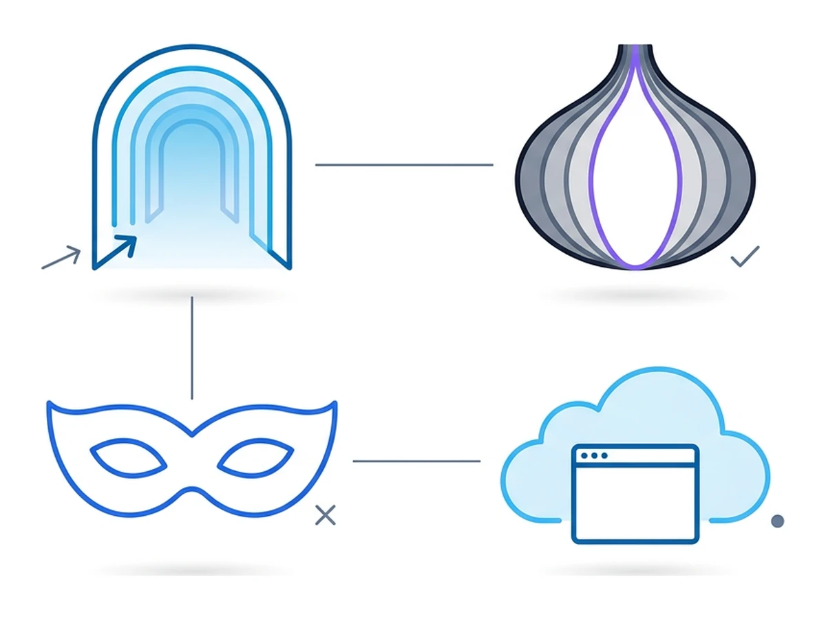 Four flat outlined icons in a 2 by 2 grid representing a tunnel, an onion, a domino mask, and a browser inside a cloud