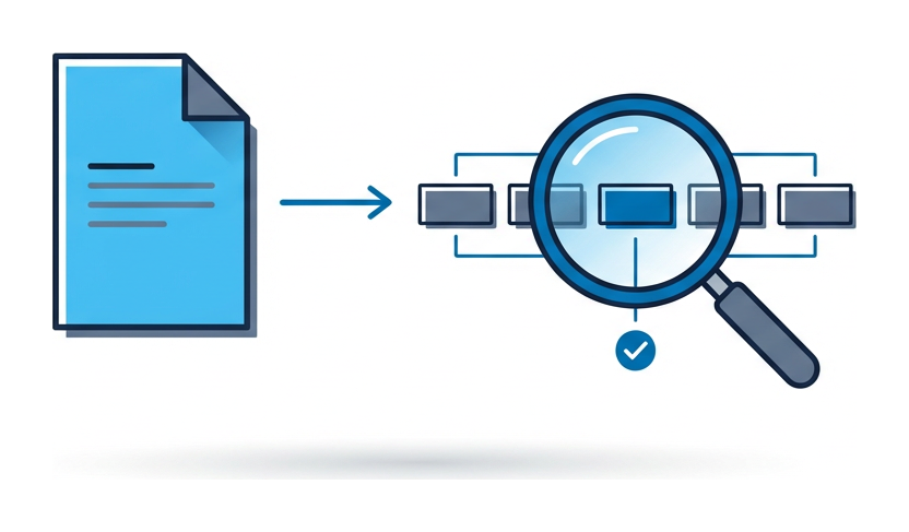 A file-page icon with a thin arrow pointing to a magnifying glass comparing it against a row of small rectangles
