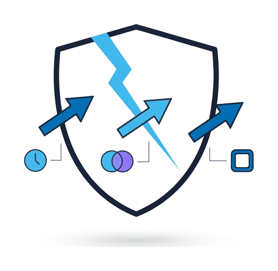 A flat shield with a jagged crack down the middle and three arrows slipping through it, accompanied by tiny clock, morphing circle, and hollow-outline icons