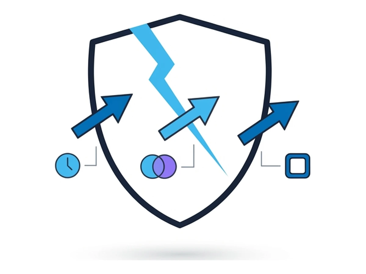 A flat shield with a jagged crack down the middle and three arrows slipping through it, accompanied by tiny clock, morphing circle, and hollow-outline icons