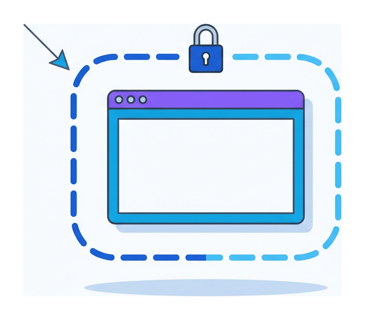 A browser window enclosed in a dashed rounded container with a small padlock on top and an arrow pointing inward