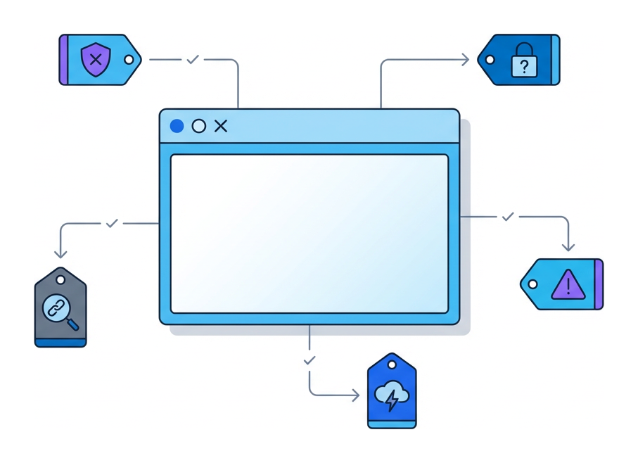 A browser window in the centre with five small tag-shaped icons floating around it connected by thin lines