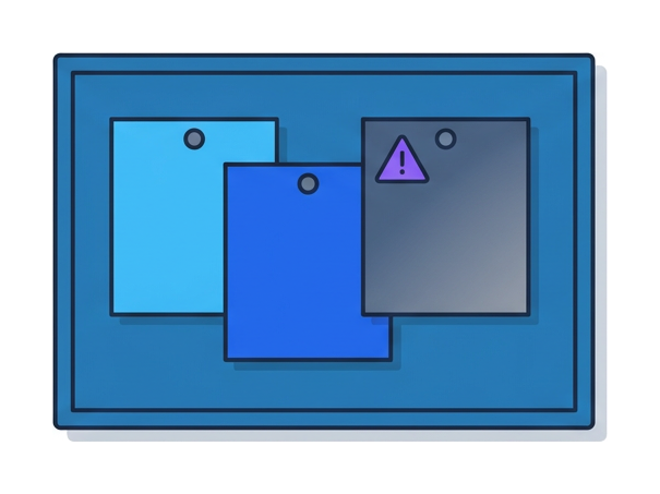 A flat rectangular bulletin board with three pinned note-shaped rectangles, one marked with a tiny warning triangle