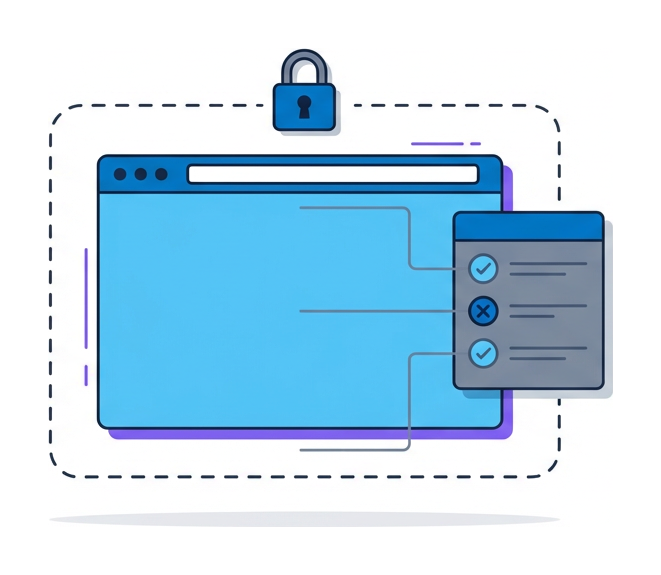 A browser window enclosed in a dashed rounded container with a small checklist attached to the side and a tiny padlock on top