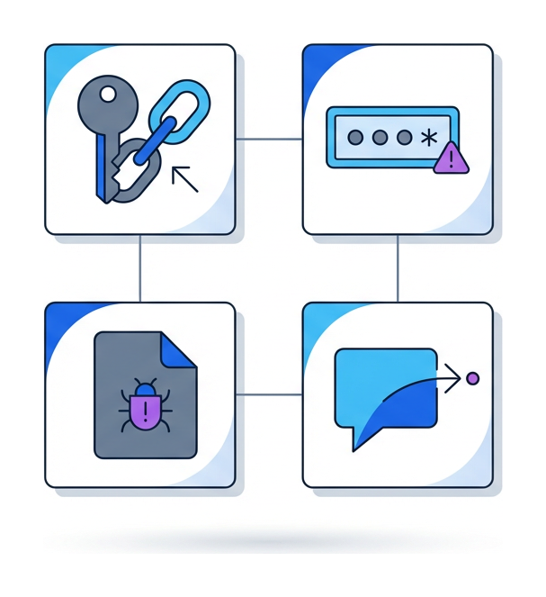 Four small tiles in a two-by-two grid: a key with a chain, a form-field with a password-mask, a document with a bug-warning, and a speech bubble with a thin arrow