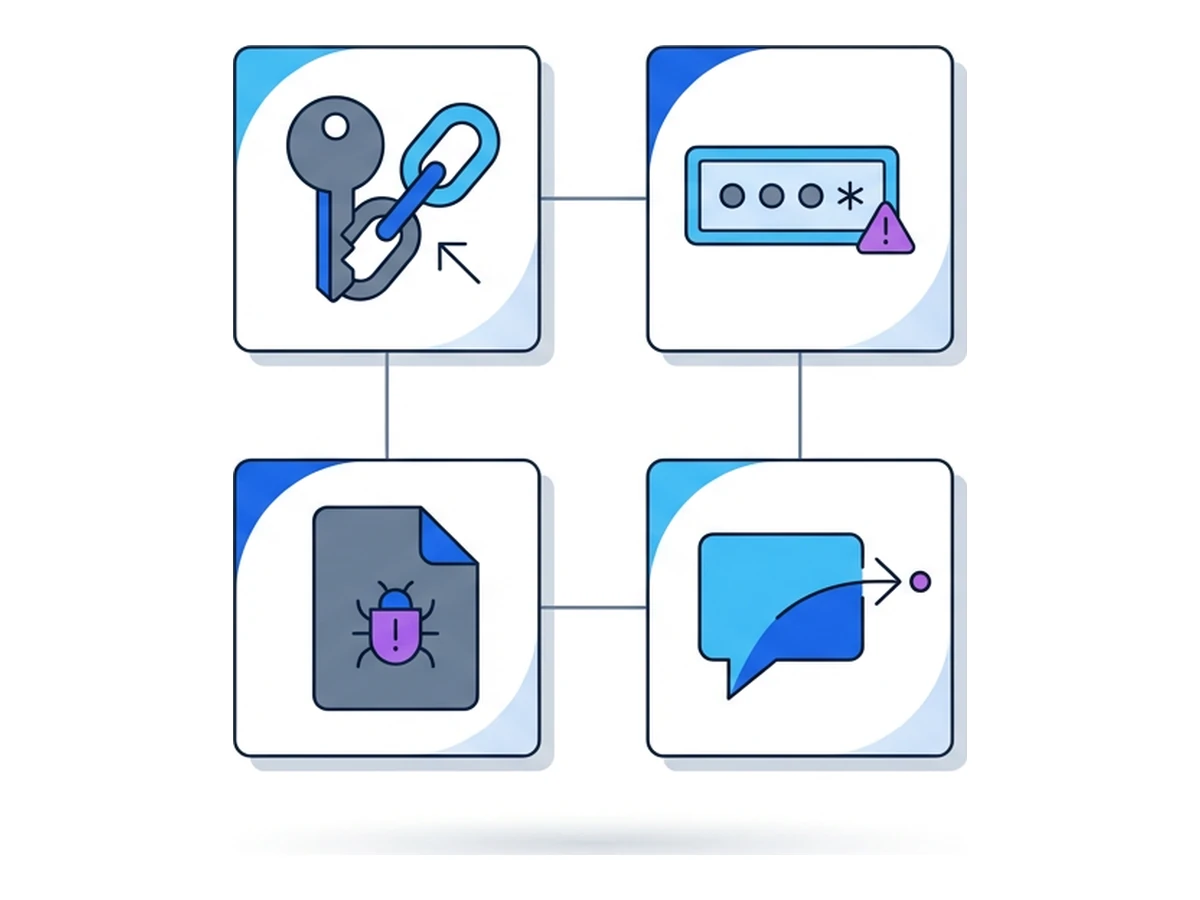 Four small tiles in a two-by-two grid: a key with a chain, a form-field with a password-mask, a document with a bug-warning, and a speech bubble with a thin arrow