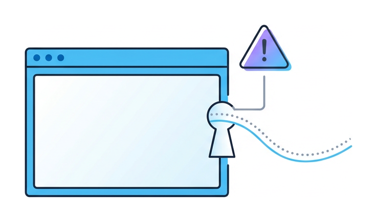 A flat browser window with a small keyhole cut into its right edge and a curved dotted line slipping in, a warning triangle hovering near the entry point