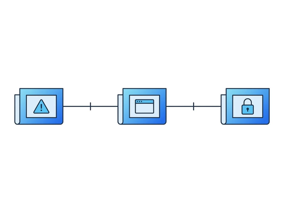A flat horizontal timeline with three newspaper-style incident cards, marked with a warning triangle, a browser window, and a padlock