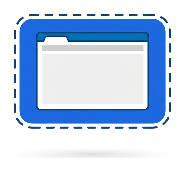 A browser window enclosed inside a larger rounded container with a dashed outline