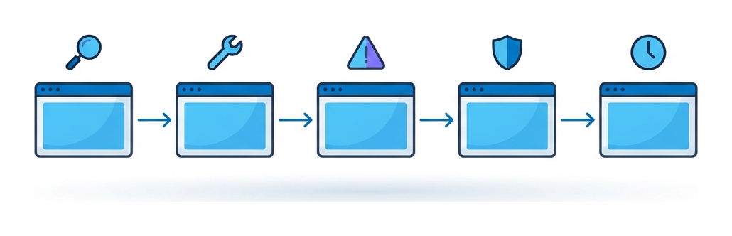 Five small browser windows arranged horizontally, connected by arrows, with an icon above each representing discovery, weaponization, exploitation, patching, and reuse