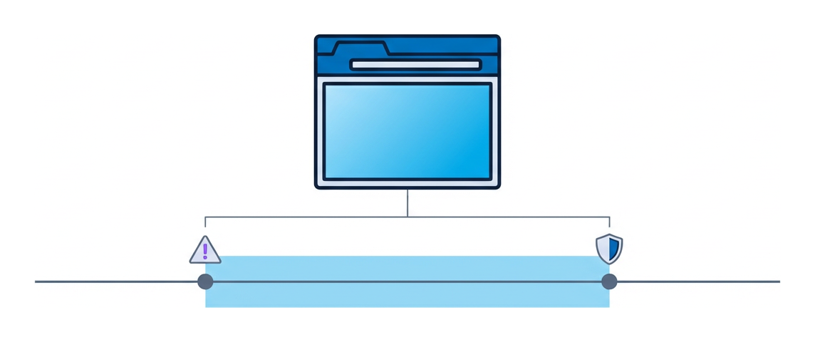 A small browser above a timeline with a shaded gap between a warning icon and a shield icon